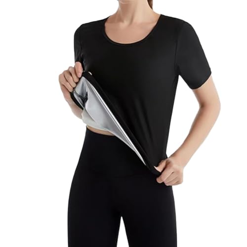 Bantning bastu skjorta kortärmad träningstopp kompression fitness t-shirt för kvinnor svettförstärkare sportväst för termisk viktminskning, Svart, M/L