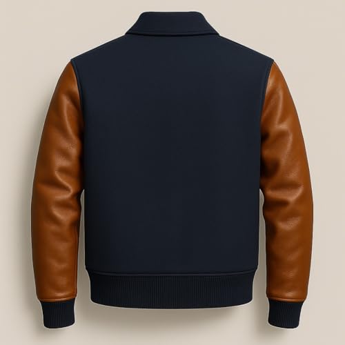 Varsity Baseball Letterman Jacket, blue Wool with brown Leather Sleeves2