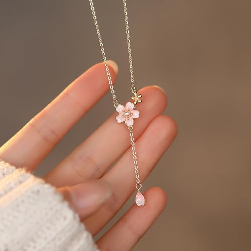 925 Sterling Silver Cherry Blossom Necklace for Women Graduation Pink Jewelry 14K Gold Plated Cute Birth Month Enamel Flower Pendant Necklace Floral Artificial Stone Pearl Chain Birthday Jewelry Gifts3