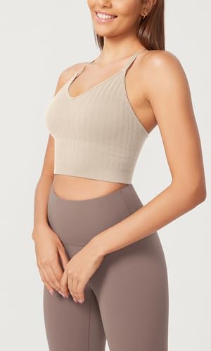ODODOS Seamless Padded Sports Bra for Women Strappy Longline Wirefree Brami Ribbed Crop Tank Tops3