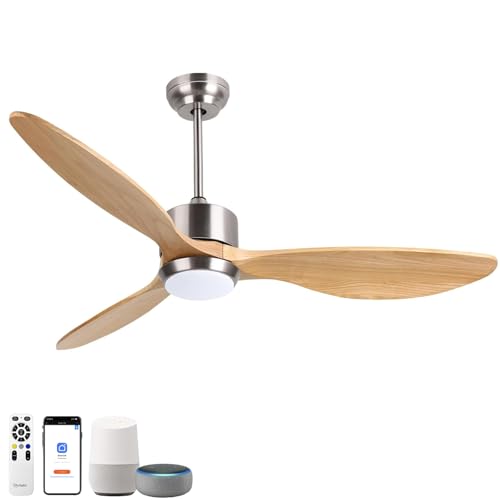 Ovlaim 52 Inch Smart Ceiling Fans with Lights Remote Control, 6 Speed Quiet DC Motor 3 Blade Wood Ceiling Fan for Indoor Living Room Bedroom