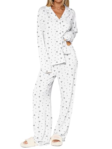 Image of Dressmine Ladies Long Sleeve Cute Pajama Sets 2 Piece Fall Outfits Button Up Pjs Set Loungewear