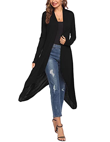 Meaneor Women Black Duster Lightweight Long Sleeve Asymmetric Open Front Drape Cardigan Black