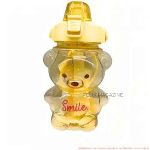 Garrafa de Água Transparente Infantil de Ursinho Com Alça Removível, 800ml (Amarela)
