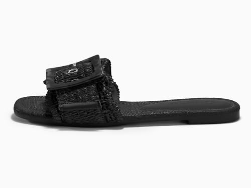 Image of Coutgo Womens Flat Sandals Raffia Slip On Slide Sandal Square Open Toe Buckle Summer Beach Shoes Flats