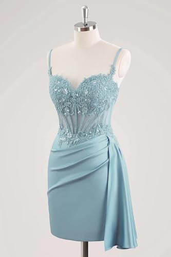 V Neck Satin Homecoming Dresses for Teens Lace Short Porm Dress Mermaid Pleated Bodycon Cocktail Dress3