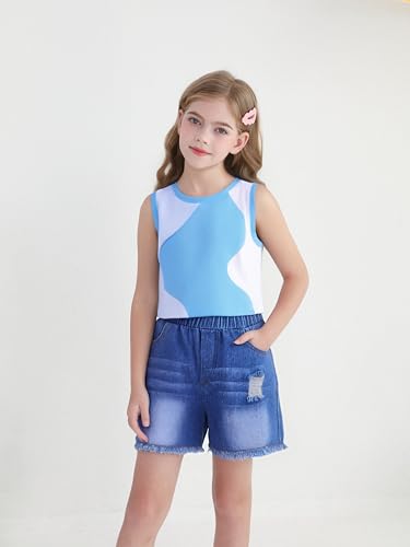 Image of YOURUIKER Girls 2 Piece Summer Outfit Kid Crewneck Tank Crop Top Pocketed Demi Jeans Set Tween Girls Preppy Clothes Size 9-10