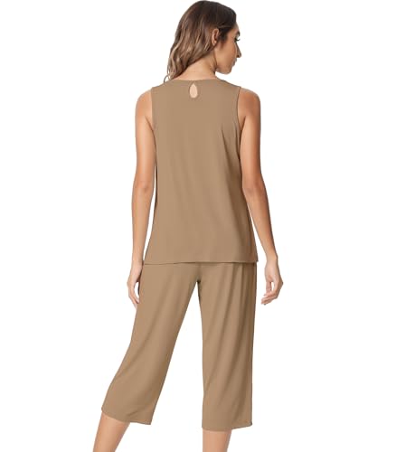 Image of NACHILA Pajamas for Women-Viscose Made from Bamboo, Sleeveless Pjs Tank Top Capri Pants Pajama Sets Cooling Sleepwear
