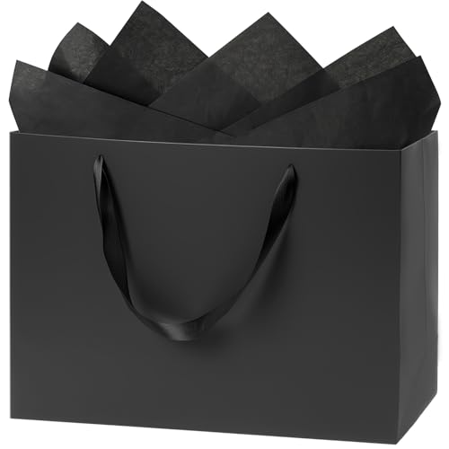 Shintop 3pcs Extra Large Black Gift Bags with Handles 15.7 x 11.3 x 5.5 in Reusable Big Paper Present Bags with Tissue Paper for Men Birthday Business or Holiday Use