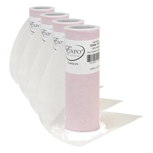 Image of Expo International Decorative Glitter Tulle, Roll /Spool of 6 inch X 10 Yards, Lightweight Polyester Tulle Fabric for Costumes, Wedding, and Party Decorations, Washable, Easy-to-Use, Light Pink (Pack of 4)