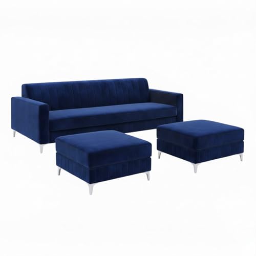Image of Amelia 5 Seater L Shape Sofa Set with 2 Movable Ottomans | Flexible Layout | Rich Velvet Suede Fabric | Silver Legs | Spacious Seating | Modern Sofa for Living Room (Dark Blue)