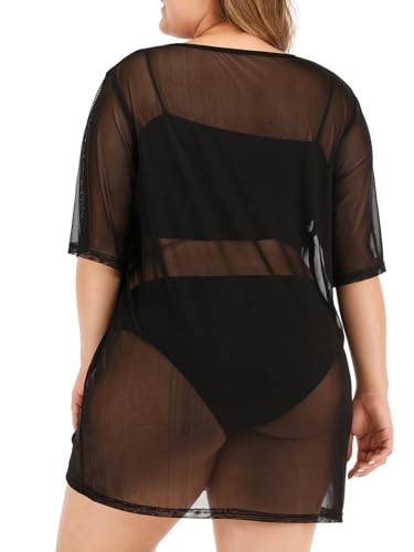 Women's Plus Size Sheer Mesh Beach Dress Cover Up See Through Short Sleeve Beachwear2