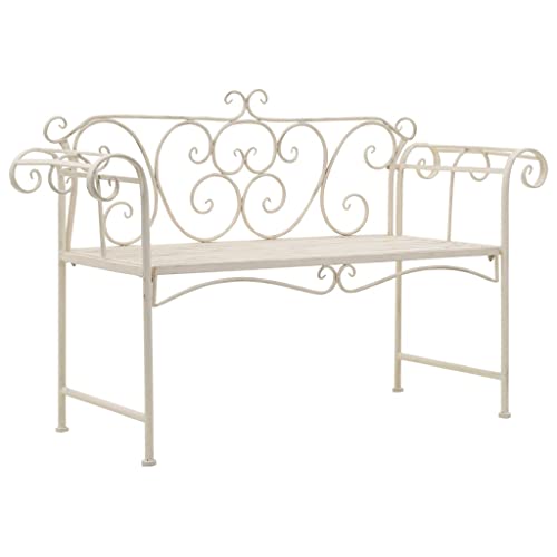 QZZCED Banco de Jardín de Metal Blanco Envejecido 132 cm, Mueble Exterior Elegante y Duradero para Terraza o Patio, Resistente a la Intemperie y con Estructura Robusta, Capacidad