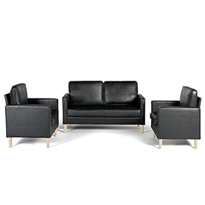 AILEEKISS Mid-Century Sectional Sofa Set Faux Leather Office 3 Pcs Couch Set with Armrest Modern Upholstered Loveseat Couches (1-Seater+1-Seater+2-Seater, Black)