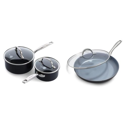 Image of GreenPan Chatham Black Prime Midnight Hard Anodized Healthy Ceramic Nonstick & Lima Hard Anodized Healthy Ceramic Nonstick 12" Frying Pan Skillet with Lid, PFAS-Free, Oven Safe, Gray