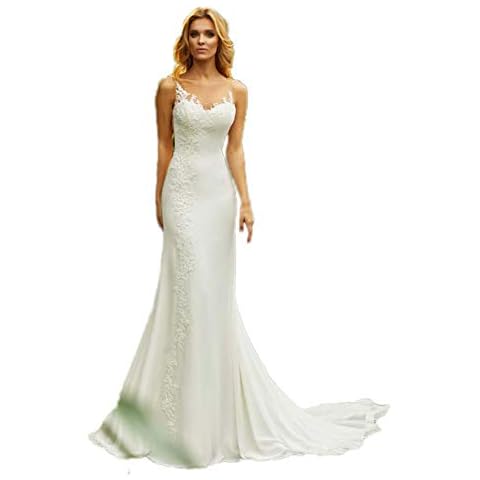 CoCogirls Meerjungfrau Hochzeitskleider Jahrgang O-Neck Applikationen Strand Brautkleider Chiffon Prinzessin Boho Hochzeitskleid Party Kleid Ballkleid Abendkleid Elfenbein 38 Cover