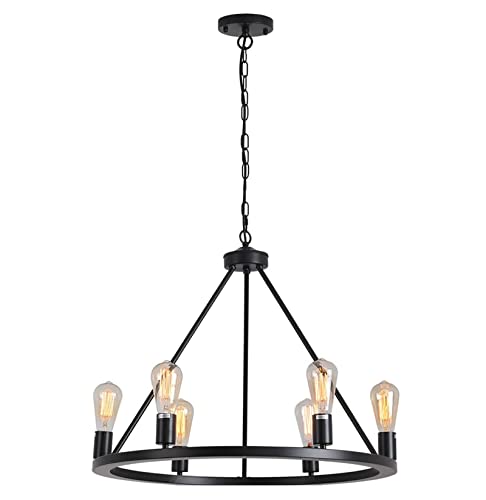 Plafonnier lustre roue de chariot rustique bronze huilé noir 6 lumières