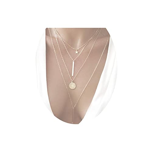 Yheakne Collar con barra de monedas de capas Boho con colgante de disco de oro, cadena de estrellas vintage multicapa para mujeres y niñas adolescentes