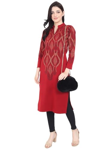 Image of Rosary Women's Winter Woolen Kurti Embroidered Straight Fit Ethnic Wear with 2 Side Pockets