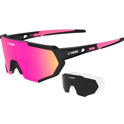 X-TIGER Polarized Sports Sunglasses with 3 Interchangeable Lenses,Mens Womens Cycling Glasses,Baseball Running Fishing Golf Driving Sunglasses