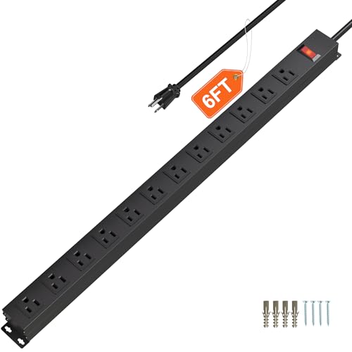 Image of 12 Outlet Long Power Strip with 15A Circuit Breaker,Black Wall Mount Heavy Duty Power Strip with 6FT /14AWG /15A /125V Extension Cord for Industrial,Garge,Office,Home and School,Black(6FT)