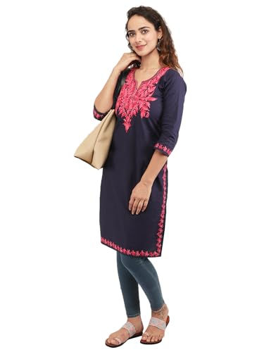Image of QAZMI Women's Rayon Cotton Straight Keyhole Neck Three-Quarter Sleeves Kashmiri Embroidery Kurti