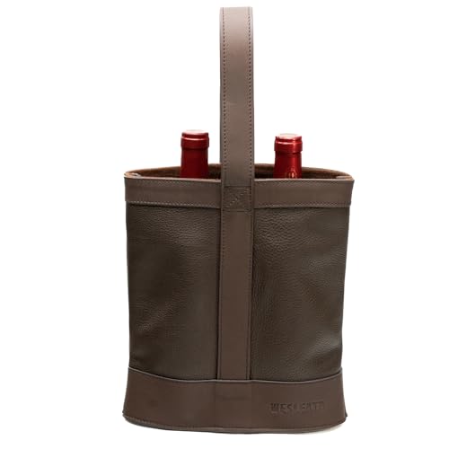 WESLEATH Double Wine Carrier Bag Leather Wine Tote for Two Bottles with Handles & Metal Buckle Protective Carrier for Picnic Wine Champagne Gift Bag (Moka)