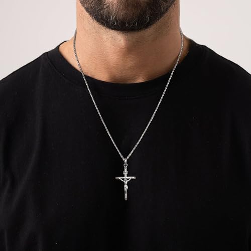 MILACOLATO 925 Sterling Silver Crucifix Necklace for Men Women, 2mm Sterling Silver Rolo Chain with Small or Large Crucifix Pendant, Jesus Crucifix Cross Necklace 16-24 Inches Christian Religious Jewelry Gifts2