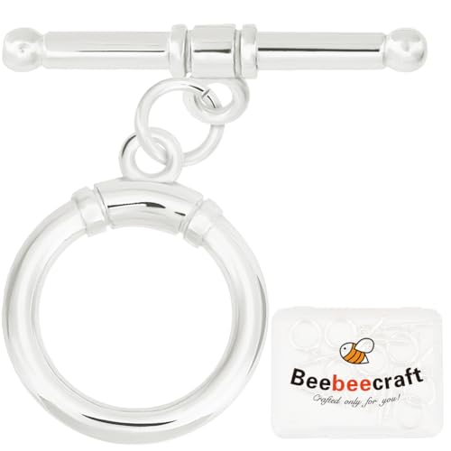 Beebeecraft 10 Stück 925 Sterling-Silber-Beschichtete Knebelverschlüsse T-Stab-Verschluss Runde Verschlussverbinder Mit Biegeringen Für Die Herstellung von Halsketten Und Armbändern