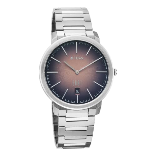 Image of EDGE Meister with Quartz Analog 2 Hands + Date Display Brown Dial Solid Link Grade 5 Titanium Strap Watch for Men - 10065TM01