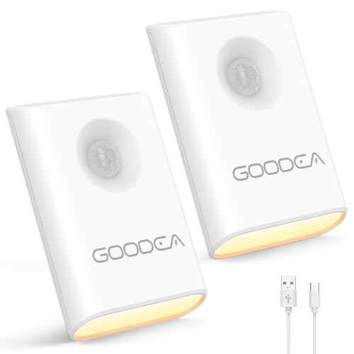 GOODEA Nachtlicht mit Bewegungsmelder 2 Stück, USB C Aufladbar Dimmbar Bewegungslicht bis zu 90 Tage - Auto-EIN/AUS Akku LED Lampe Beleuchtung Ohne Strom für Flur Treppe Schlafzimmer Bad - Warmweiß