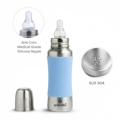 Image of SPEEDEX Stainless Steel Baby Feeding Bottle 240 ml with Blue Silicone Grip & Internal ML Marking | BPA & Plastic Free | Anti-Colic Silicone Nipple | 304 Grade Steel Infant Milk Bottle | Leak Resistant (240ml)