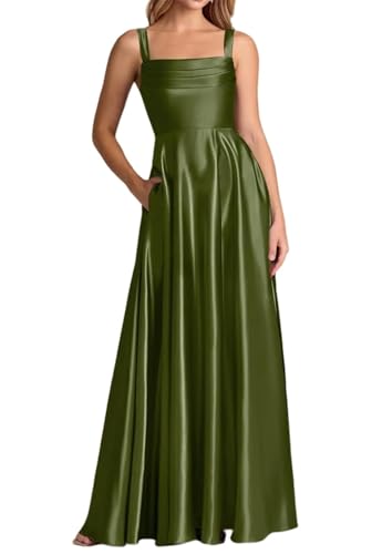 ORRCIGH Vestido de fiesta de satén simple 2026, largo acampanado, cuello cuadrado, vestido formal de noche con bolsillos para mujer WPX094, verde oliva, 46