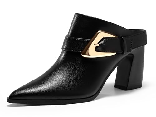 Coutgo Womens Mules Boots Chunky Stacked Heel Pointed Toe Booties Slip On Dress Boot Shoes with Buckle Decoration, Black, Size 9