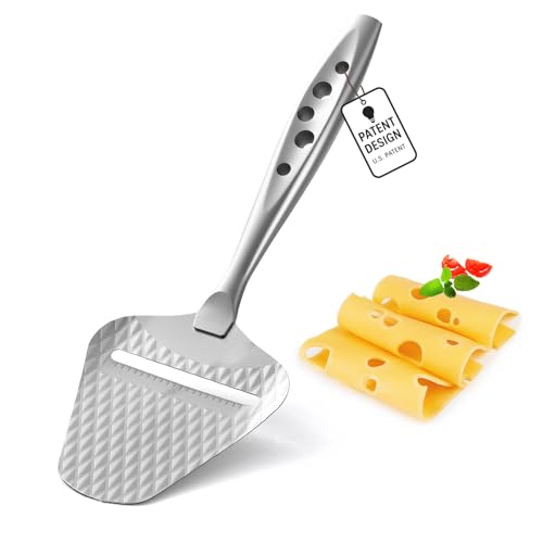 Premium Cheese Slicer – Effortless Slicing for All Cheese Types – Multi-Functional Cheese Cutter - Stainless Steel Cheese Plane – Quilted Pattern Reduces Resistance, Non-Stick, Ergonomic Handheld Grip