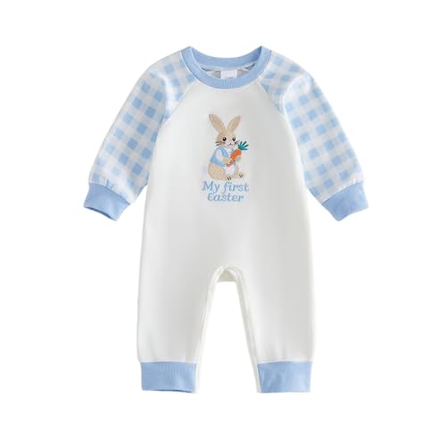 Fsadfeas My First Easter Baby Boy Outfit Newborn Bunny Romper Long Sleeve Plaid Jumpsuit One Piece Infant Spring Cute Clothes (Sky Blue 6-12 Months)