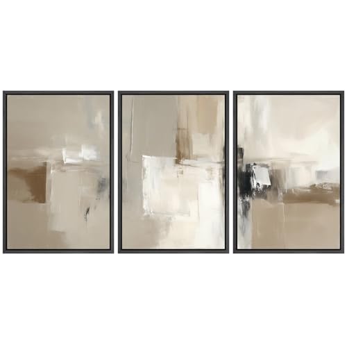 wall26 Framed Print Wall Art Set Warm Neutral Beige Abstract Brushstroke Illustrations Pop Art Bohemian Colorful for Living Room, Bedroom, Office - 24"" x36 x3 BLACK