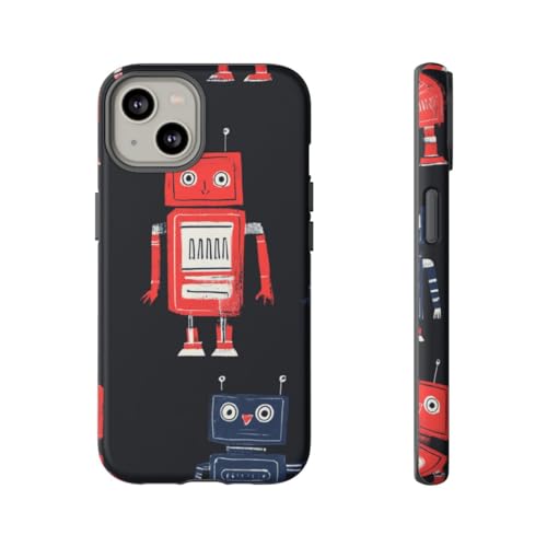 Coque iPhone 14 motif robot rétro rouge et bleu rigide mate
