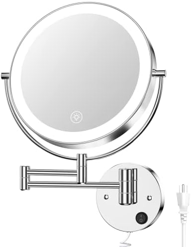 Gospire 9” Wall Mounted Lighted Makeup Vanity Mirror with 3 Color Lights & Stepless Dimming, 1X/10X Magnifying LED Double Sided Bathroom Touch Sensor Extendable Arm 360° Swivel Shaving Cosmetic Mirror