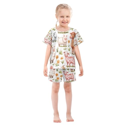 Pajama Sets Short Sleeve Farm Animals on Grass Soft Cotton Summer Sleepwear 2 Piece PJS Size 5-14T4