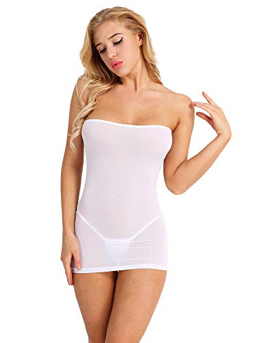 Freebily Sottoveste Donna Corta Abito a Fascia Senza Spalline Sottogonna Sposa Aderente Trasparente Stretto Biancheria Intima Sexy Hot Monospalla Bodycon Tubino Pigiama Bianco Taglia Unica
