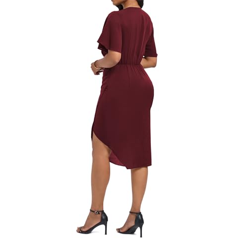 Image of Women's Wrap V Neck Asymmetrical Hem Midi Ruched Cocktail Evening Dress | Back Zipper, Regular Fit, Club Night, Semi Office Formal, Wedding Dinner Date, Flutter Short Sleeve, High Low Irregular Hem