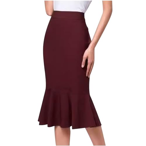 Womens Mermaid Pencil Skirts Plus Size Stretch High Waist Ruffle Hem Bodycon Midi Skirts Business Office Work Skirts
