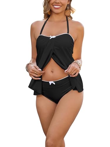 Bsubseach 2025 Two Piece Swimsuit for Women Bandeau Halter Tankini Bathing Suit Tummy Control Swimsuits(Black, Large)