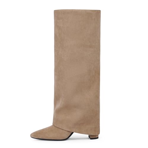 Image of Knee High Boots Women Fold Over Boots Chunky Heel Pointed Toe Tall Boots | Fashion Slouchy Boots,Side Zipper Shark Boots,Fall Spring Winter Fashion Dress Tall Boots,Evening Bridal office Long Boots