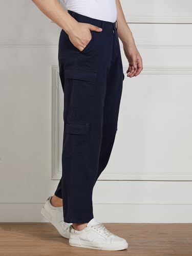 Image of Dennis Lingo Men Cotton Lycra Solid Stretchable Cargo Trousers