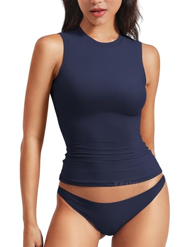 Image of YEOREO Women Basic Mock Neck Workout Crop Top Sleeveless Double Lined Tank Tee Slim Fitted Ruched Going Out Camisole