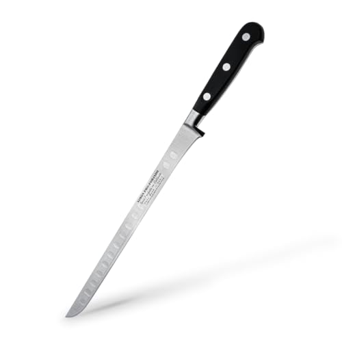 Cuchillo Jamonero Profesional Simón PRO Forjado-Hoja Corta Alveolada 30 cm -Acero Forjado Español -Mango Ergonómico de Fibra Negra - Funda de Piel Marrón Incluida - Ideal para Cortar Jamón