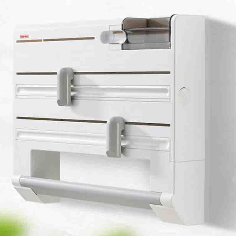 Estante de almacenamiento de cocina para organizar y cortar film de forma rápida