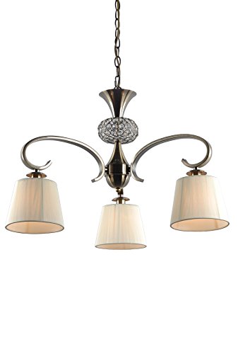 Lampara colgante habitación o salón | cuero (Oro envejecido), bola cristal copen (máximo brillo) y pantalla hilo Beige | 3 luces abajo | Ideal para habitación o salón | Admite LED